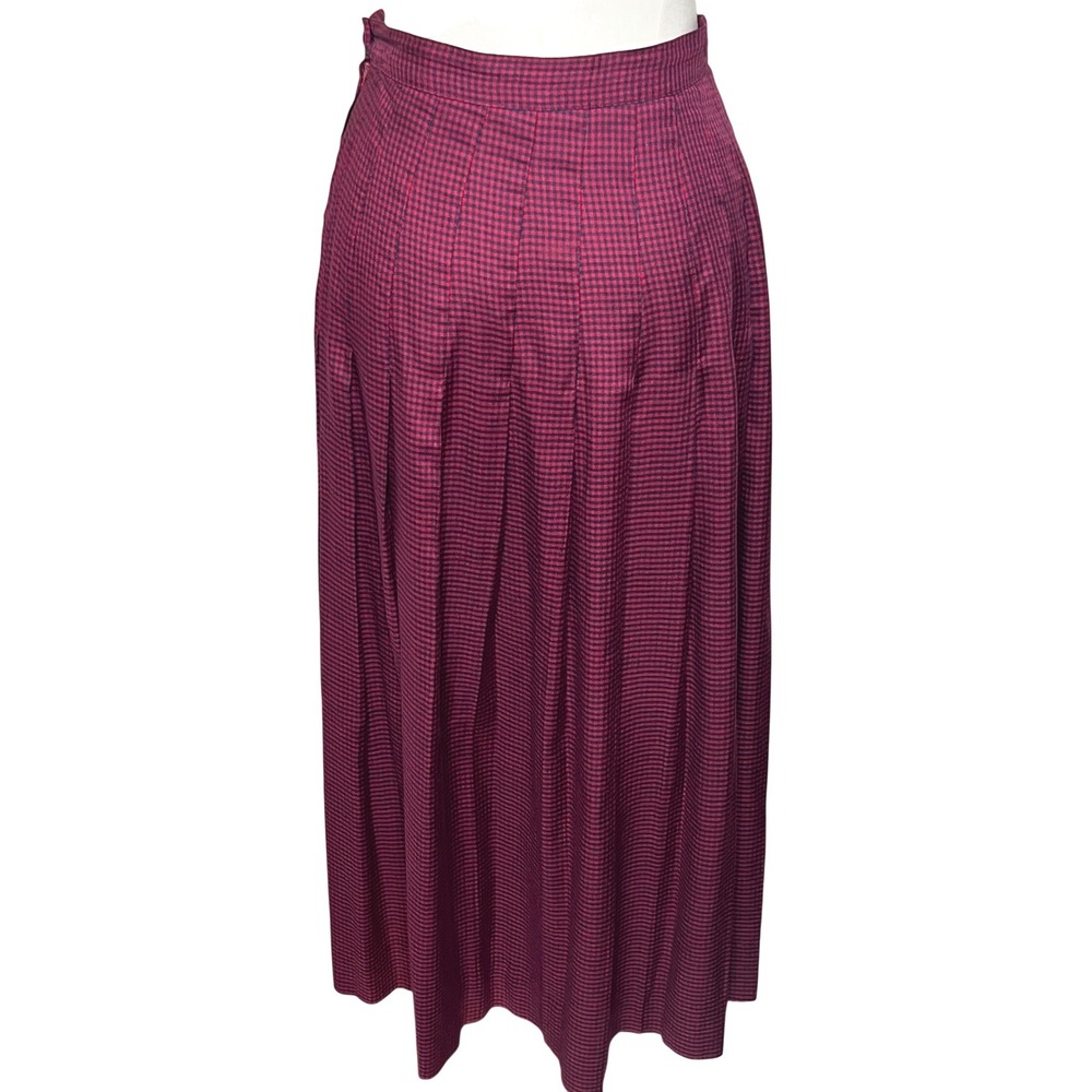 Vintage Pleated Maxi Skirt Rayon Micro Check Burgundy Navy JG Hook 6